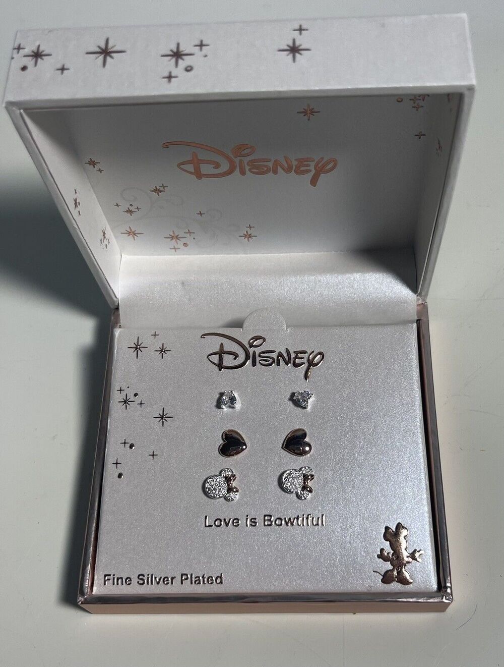 DISNEY Silver Plated Rose Gold MINNIE MOUSE 3 Pair EARRING Set "BOWTIFUL" NEW